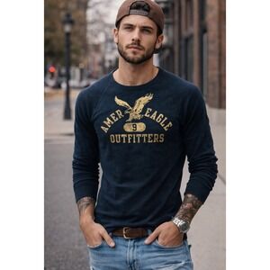 American Eagle Outfitters Mens Long Sleeve Graphic Tee Athletic Fit Navy XS.  Mm